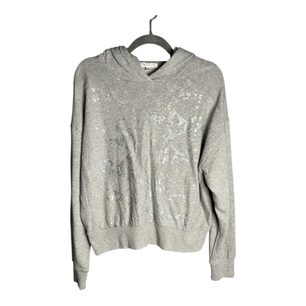 Socialite Gray Hooded Sweatshirt With Silver Metallic Front Small